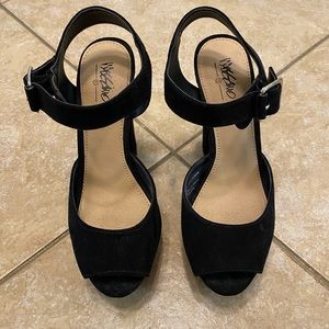Black velvet peep toe platform heels